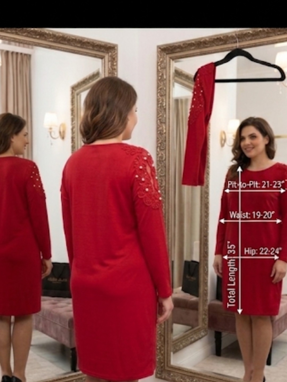Red Mini Sheath Dress Pearl Beaded Lace Sleeve Cutout Size 14-16
